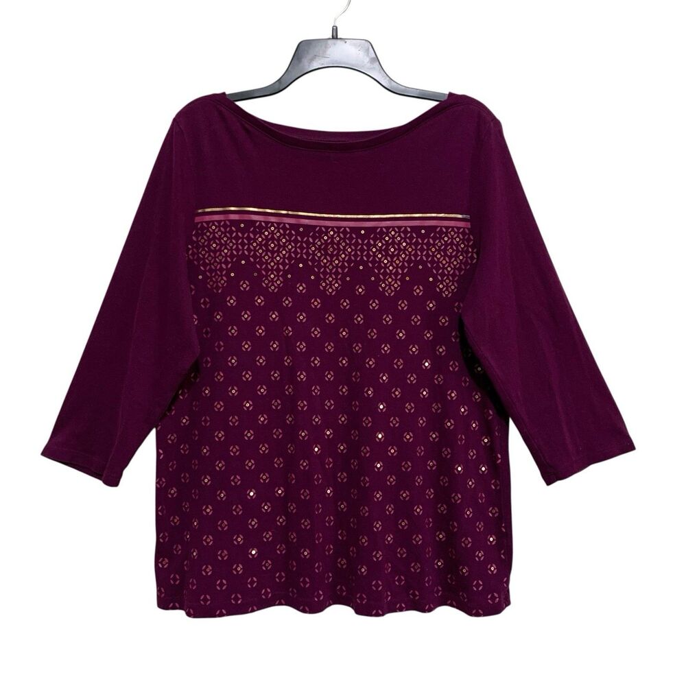 Croft & Barrow Top Womens Size Burgundy Sequin 3/4 Sleeve Tee Shirt Boat Neck